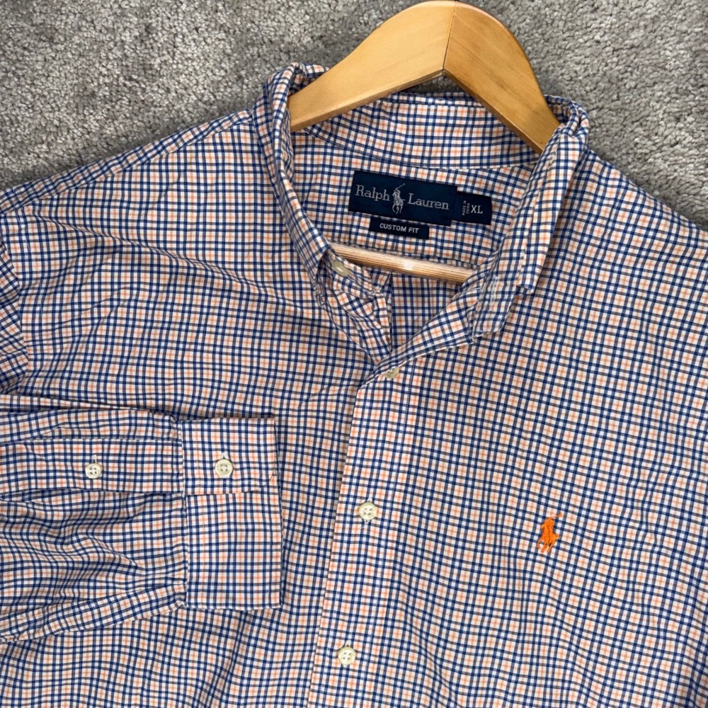 Ralph Lauren Mens XL Custom Fit Button Down Shirt Orange Blue Plaid Long Sleeve